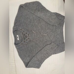 Gray V-Neck Lace-Up Sweater